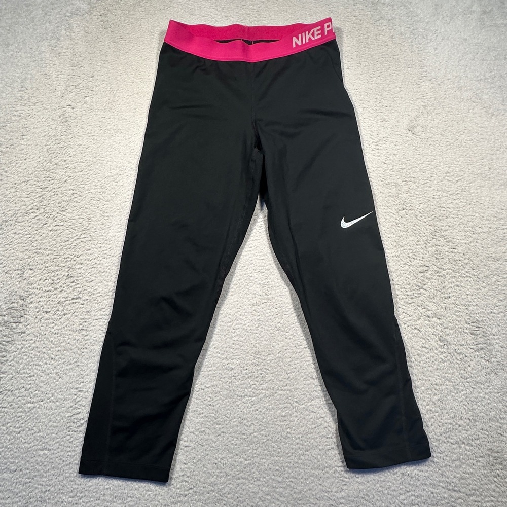 Nike Pro Leggings Womens‎ M Black Pink Dri-FIT Cropped Athletic Pants 725468-011